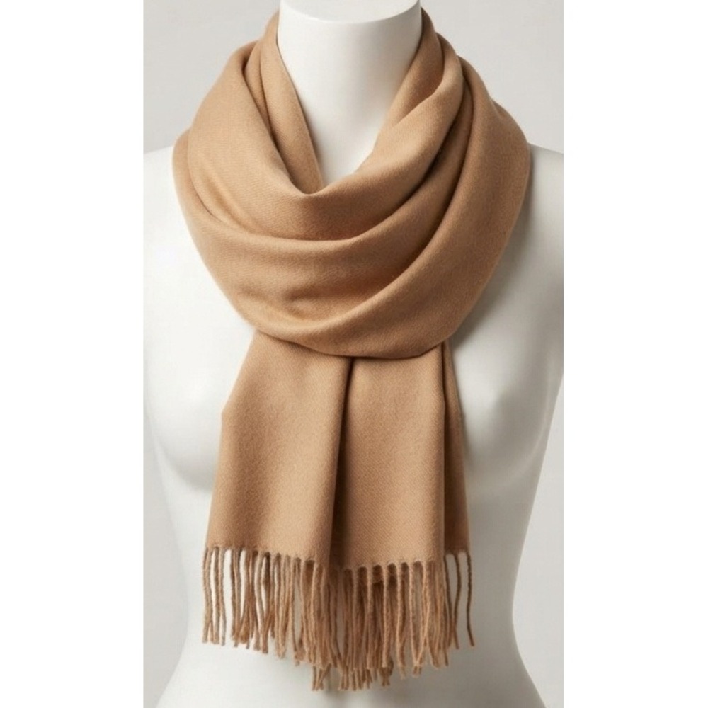 Charter Club 100% Cashmere Blanket Scarf Camel Tan Solid Fringe Trim One Size